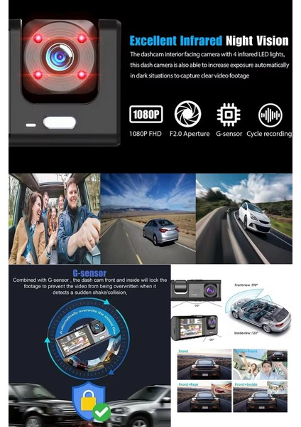 1080P Dash Cam Full Hd Araç Içi Kamera Ön Arka ve Iç Kayıt 3 Kamera Gece Görüşlü G Sensör Geniş Açı fiyatları