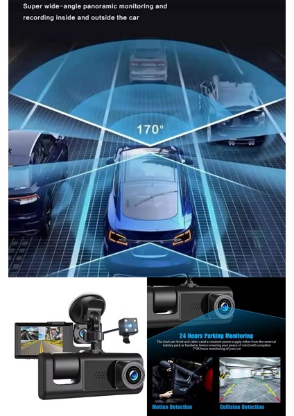 1080P Dash Cam Full Hd Araç Içi Kamera Ön Arka ve Iç Kayıt 3 Kamera Gece Görüşlü G Sensör Geniş Açı modelleri