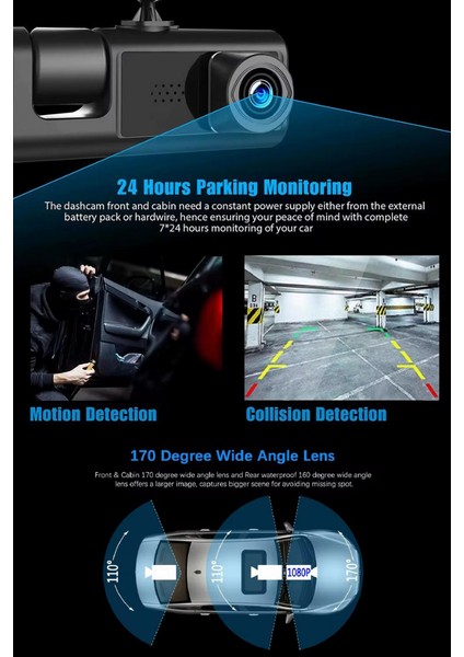 1080P Dash Cam Full Hd Araç Içi Kamera Ön Arka ve Iç Kayıt 3 Kamera Gece Görüşlü G Sensör Geniş Açı fırsatları
