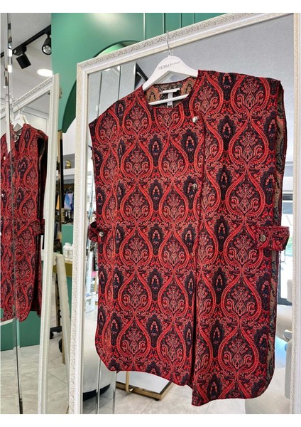 Ekru Yelek Etnik Desen - Bordo - S