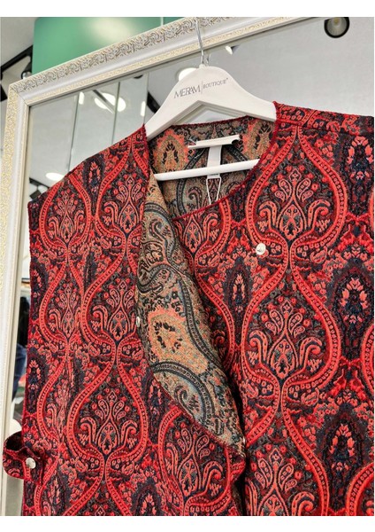 Ekru Yelek Etnik Desen - Bordo - S fırsatları