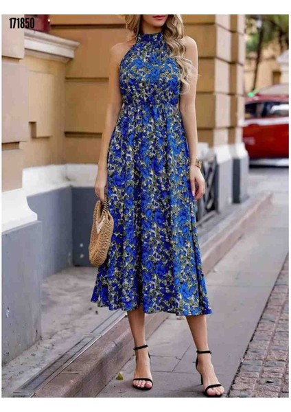 Kadın Kolsuz Desenli Maxi Süprem Elbise, Kırmızı Gül Figürlü Kolye Hediye fiyatları