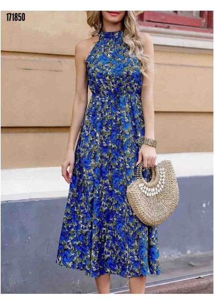 Kadın Kolsuz Desenli Maxi Süprem Elbise, Kırmızı Gül Figürlü Kolye Hediye modelleri