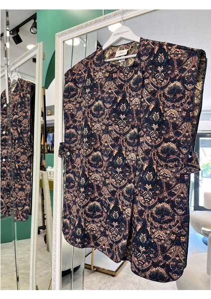 Ekru Yelek Etnik Desen - Lacivert - M