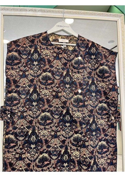 Ekru Yelek Etnik Desen - Lacivert - M modelleri