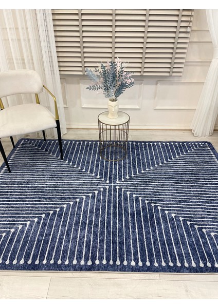Lacivert Renk Şönil Görünümlü Tasarım Yolluk Halı Mutfak Halısı indirimleri