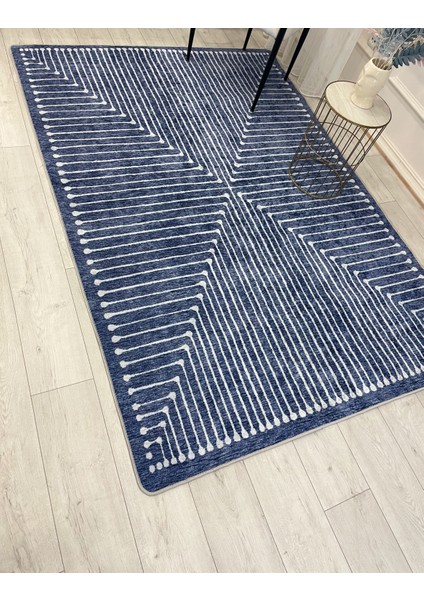 Lacivert Renk Şönil Görünümlü Tasarım Yolluk Halı Mutfak Halısı