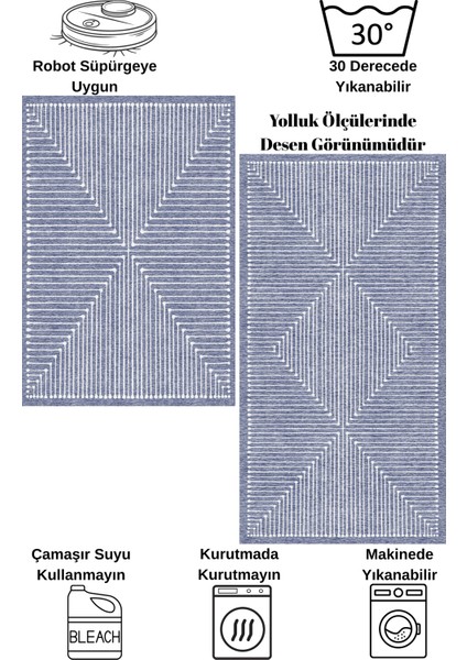 Lacivert Renk Şönil Görünümlü Tasarım Yolluk Halı Mutfak Halısı