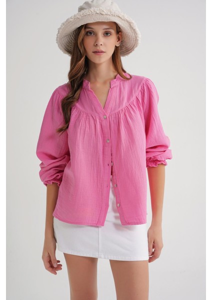 4733 Kadın Büzgü Robalı Uzun Kol Müslin Gömlek Pembe