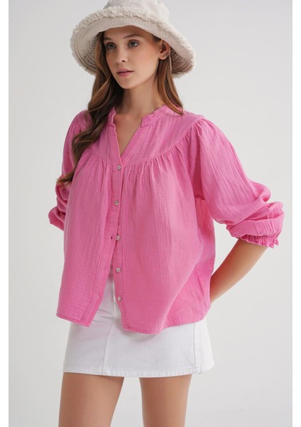 4733 Kadın Büzgü Robalı Uzun Kol Müslin Gömlek Pembe fiyatları