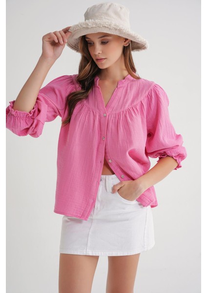 4733 Kadın Büzgü Robalı Uzun Kol Müslin Gömlek Pembe modelleri