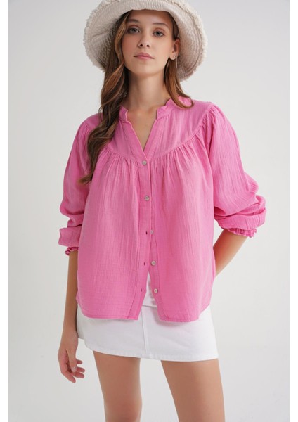4733 Kadın Büzgü Robalı Uzun Kol Müslin Gömlek Pembe fırsatları