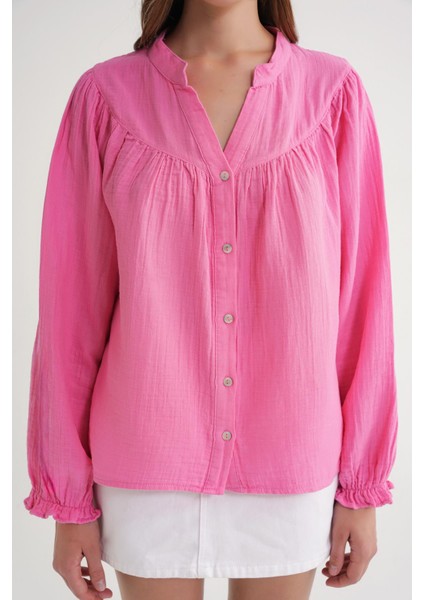 4733 Kadın Büzgü Robalı Uzun Kol Müslin Gömlek Pembe indirimleri