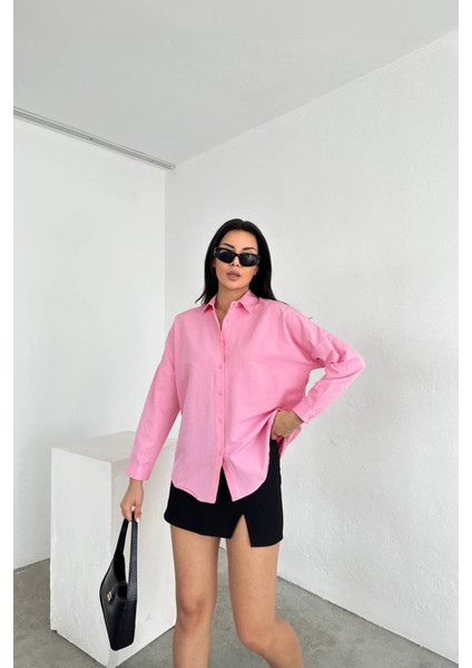 3864 Kadın Oversize Uzun Basic Gömlek Pembe modelleri