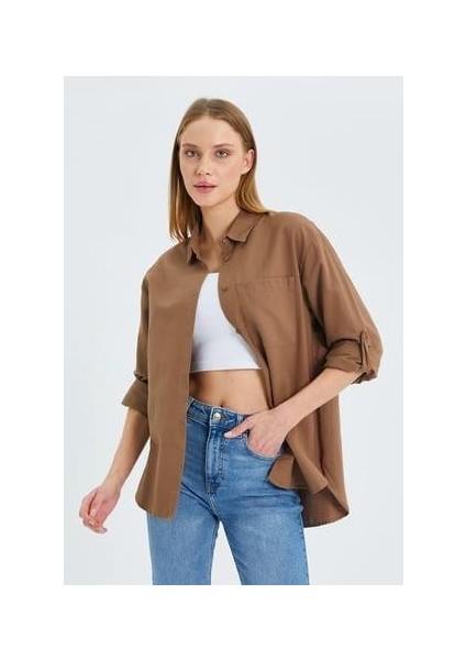 9942 Kadın Oxford Uzun Kol Basic Gömlek Vizon