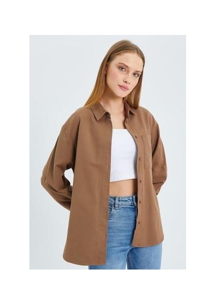 9942 Kadın Oxford Uzun Kol Basic Gömlek Vizon fiyatları