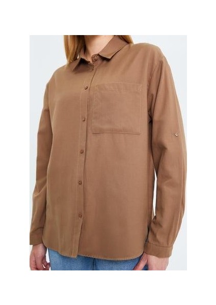 9942 Kadın Oxford Uzun Kol Basic Gömlek Vizon modelleri