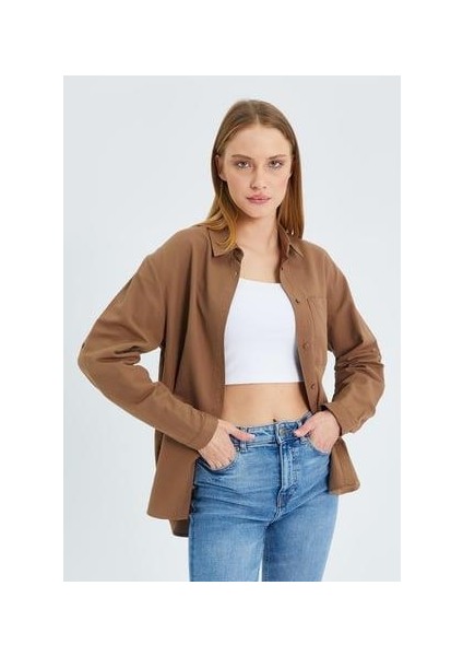 9942 Kadın Oxford Uzun Kol Basic Gömlek Vizon fırsatları