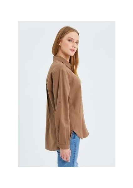 9942 Kadın Oxford Uzun Kol Basic Gömlek Vizon indirimleri