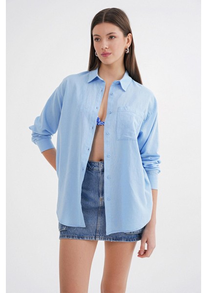 4670 Kadın Cepli Oversize Basic Keten Gömlek Bebe Mavi