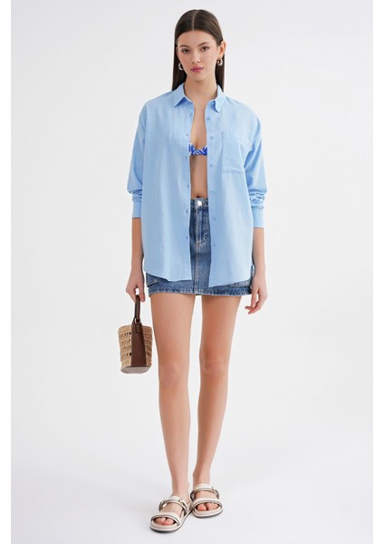 4670 Kadın Cepli Oversize Basic Keten Gömlek Bebe Mavi fiyatları