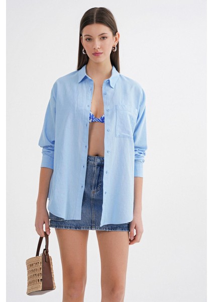 4670 Kadın Cepli Oversize Basic Keten Gömlek Bebe Mavi modelleri