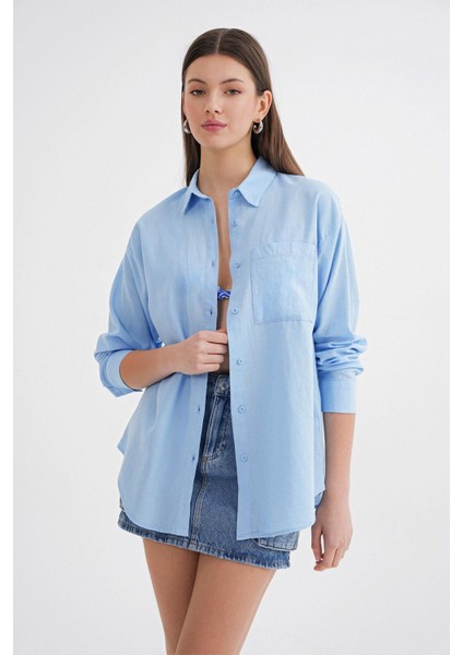 4670 Kadın Cepli Oversize Basic Keten Gömlek Bebe Mavi fırsatları