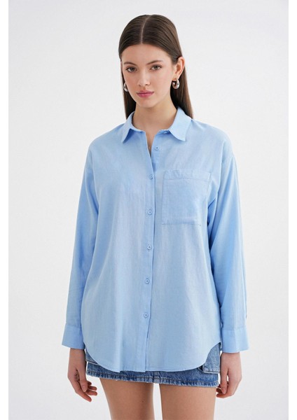 4670 Kadın Cepli Oversize Basic Keten Gömlek Bebe Mavi indirimleri