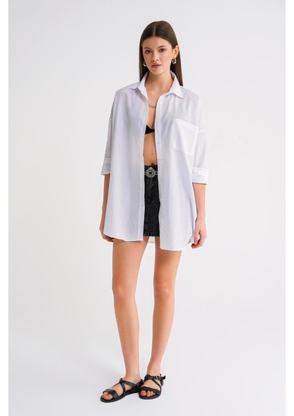 4053 Kadın Tek Cepli Oversize Basic Gömlek Beyaz
