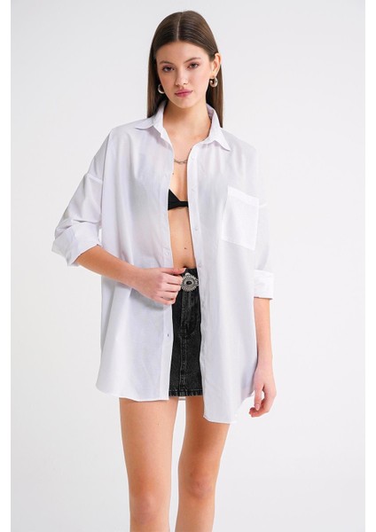 4053 Kadın Tek Cepli Oversize Basic Gömlek Beyaz fiyatları