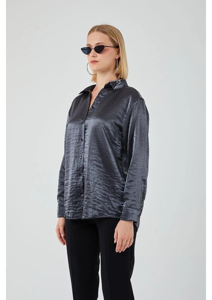 4407 Kadın Parlak Kumaş Gömlek Antrasit indirimleri