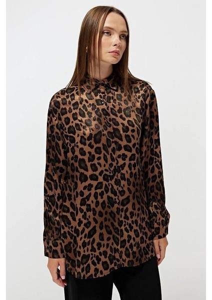 4106 Leopar Desen Saten Gömlek Kahve fiyatları
