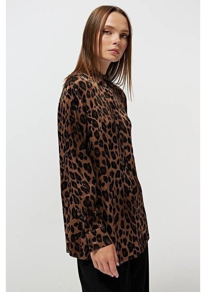 4106 Leopar Desen Saten Gömlek Kahve modelleri