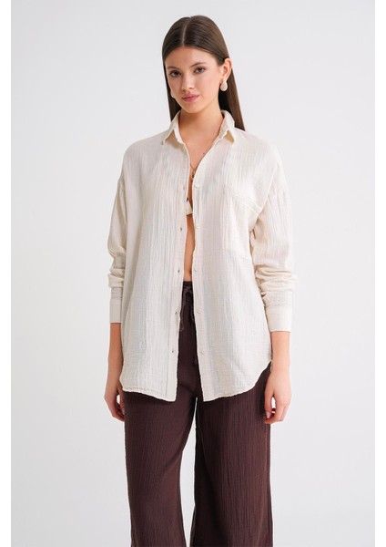 3833 Kadın Oversize Cepli Müslin Gömlek Naturel