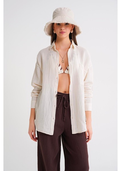 3833 Kadın Oversize Cepli Müslin Gömlek Naturel fiyatları