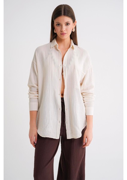 3833 Kadın Oversize Cepli Müslin Gömlek Naturel indirimleri