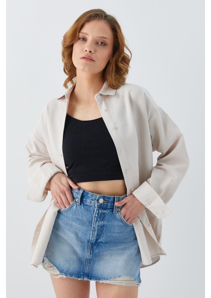 4621 Kadın Arkası Pileli Basic Gömlek Taş