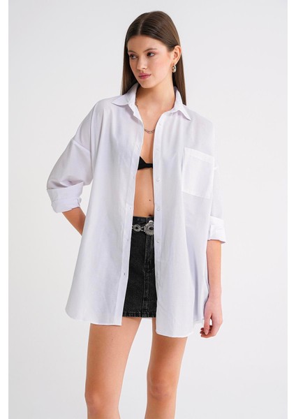 4053 Kadın Tek Cepli Oversize Basic Gömlek Beyaz fırsatları
