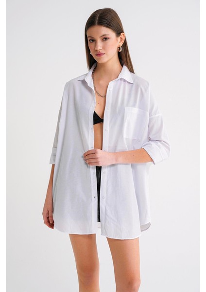 4053 Kadın Tek Cepli Oversize Basic Gömlek Beyaz indirimleri