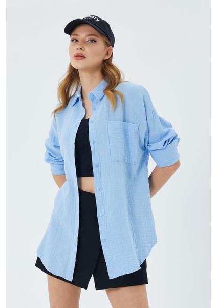 3833 Kadın Oversize Cepli Müslin Gömlek Bebe Mavi