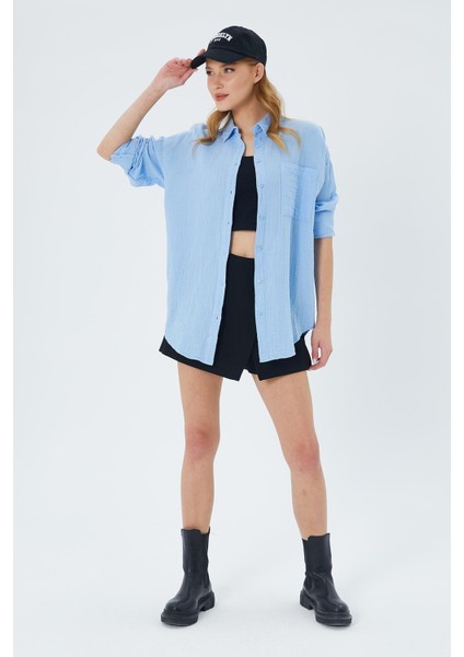 3833 Kadın Oversize Cepli Müslin Gömlek Bebe Mavi fiyatları