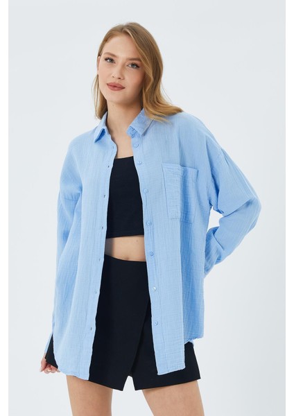3833 Kadın Oversize Cepli Müslin Gömlek Bebe Mavi modelleri