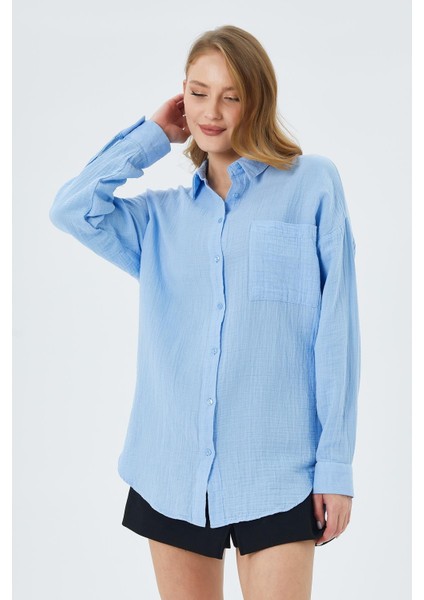 3833 Kadın Oversize Cepli Müslin Gömlek Bebe Mavi indirimleri