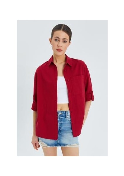 9942 Kadın Oxford Uzun Kol Basic Gömlek Bordo