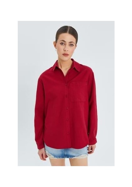 9942 Kadın Oxford Uzun Kol Basic Gömlek Bordo fiyatları