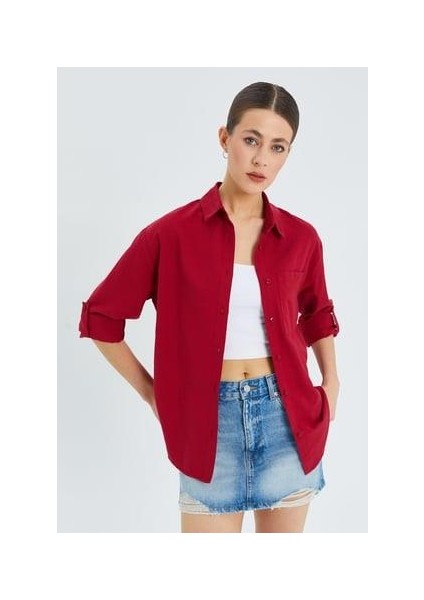 9942 Kadın Oxford Uzun Kol Basic Gömlek Bordo fırsatları