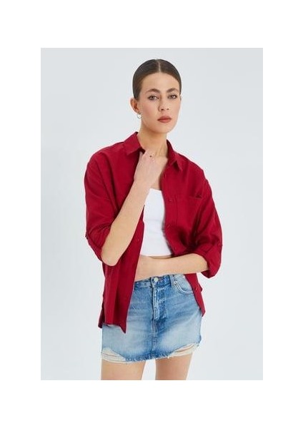 9942 Kadın Oxford Uzun Kol Basic Gömlek Bordo indirimleri