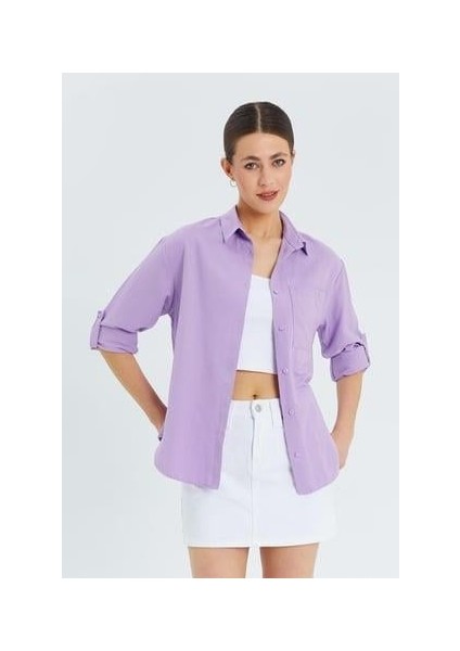 9942 Kadın Oxford Uzun Kol Basic Gömlek Lila