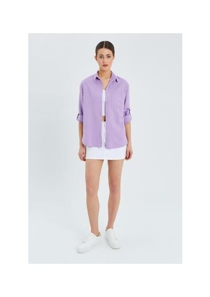 9942 Kadın Oxford Uzun Kol Basic Gömlek Lila fiyatları