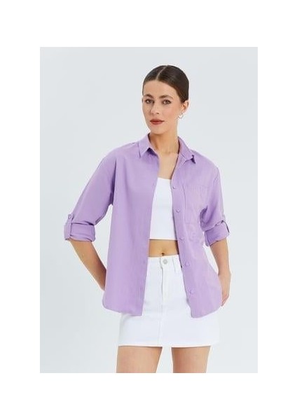 9942 Kadın Oxford Uzun Kol Basic Gömlek Lila modelleri